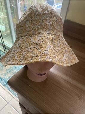 CC Resorts Yellow Bucket Hat with White Lace Overlay